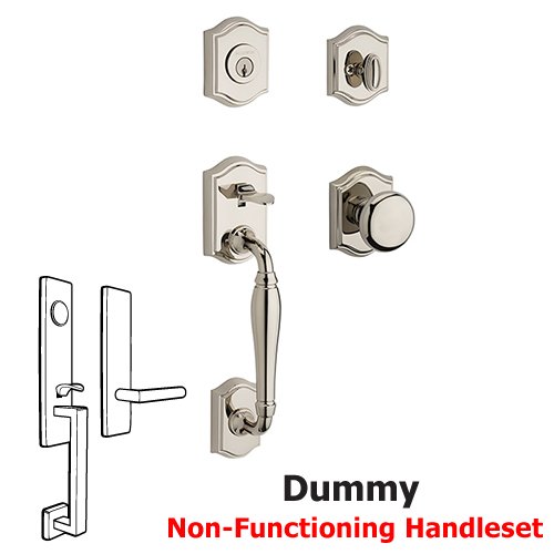 Full Dummy Westcliff Handleset with Round Door Knob with Traditional Arch Rose in Polished Nickel