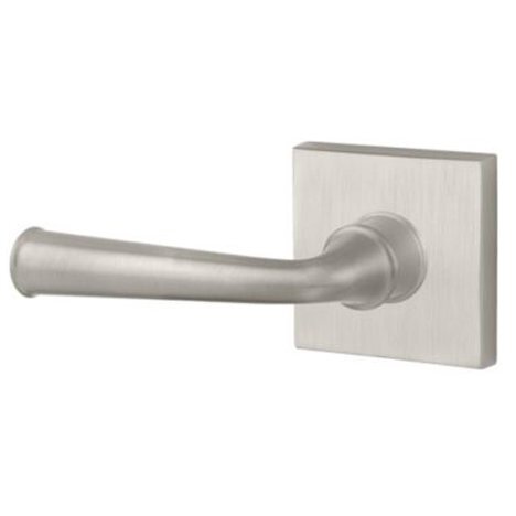 Left Handed Single Dummy Door Lever with Contemporary Square Rose in Satin Nickel