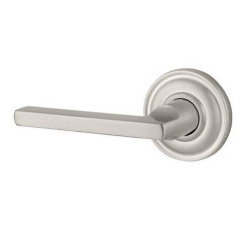 Left Handed Single Dummy Door Lever with Traditional Round Rose in Satin Nickel