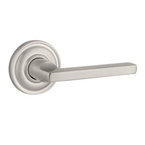 Right Handed Single Dummy Door Lever with Traditional Round Rose in Satin Nickel