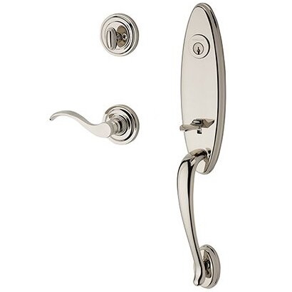 Right Handed Single Cylinder Chesapeake Handleset with Curve Door Lever with Traditional Round Rose in Polished Nickel