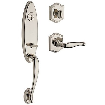 Left Handed Single Cylinder Chesapeake Handleset with Decorative Door Lever with Traditional Arch Rose in Polished Nickel