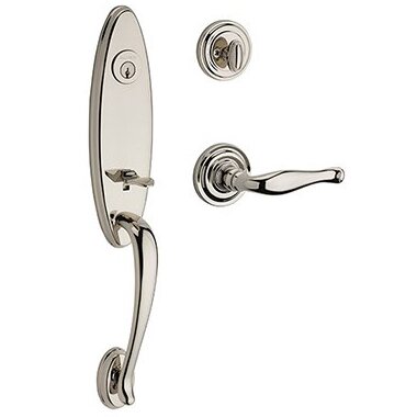 Left Handed Single Cylinder Chesapeake Handleset with Decorative Door Lever with Traditional Round Rose in Polished Nickel