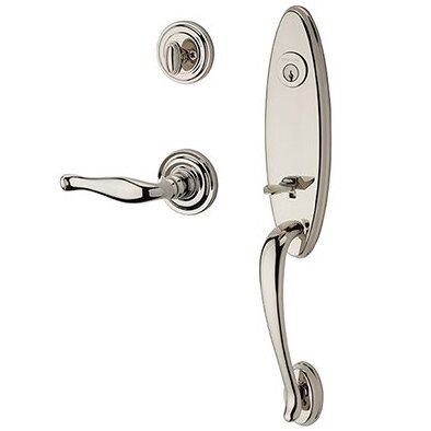 Right Handed Single Cylinder Chesapeake Handleset with Decorative Door Lever with Traditional Round Rose in Polished Nickel