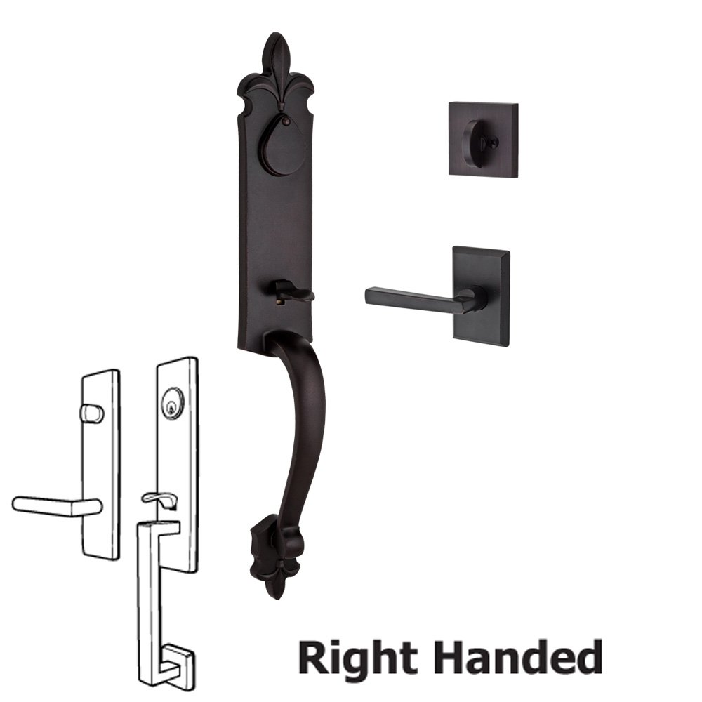 Handleset with Right Handed Tapered Lever and Rustic Square Rose in Dark Bronze