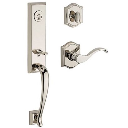 Left Handed Single Cylinder Del Mar Handleset with Curve Door Lever with Traditional Arch Rose in Polished Nickel