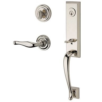 Right Handed Single Cylinder Del Mar Handleset with Decorative Door Lever with Traditional Round Rose in Polished Nickel
