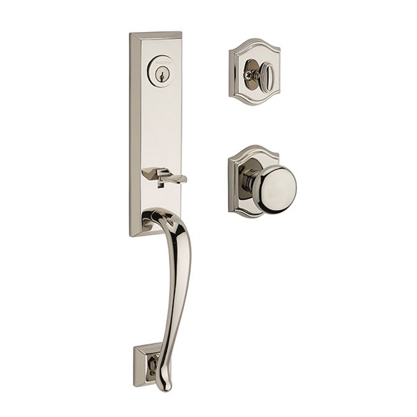 Single Cylinder Del Mar Handleset with Round Door Knob with Traditional Arch Rose in Polished Nickel
