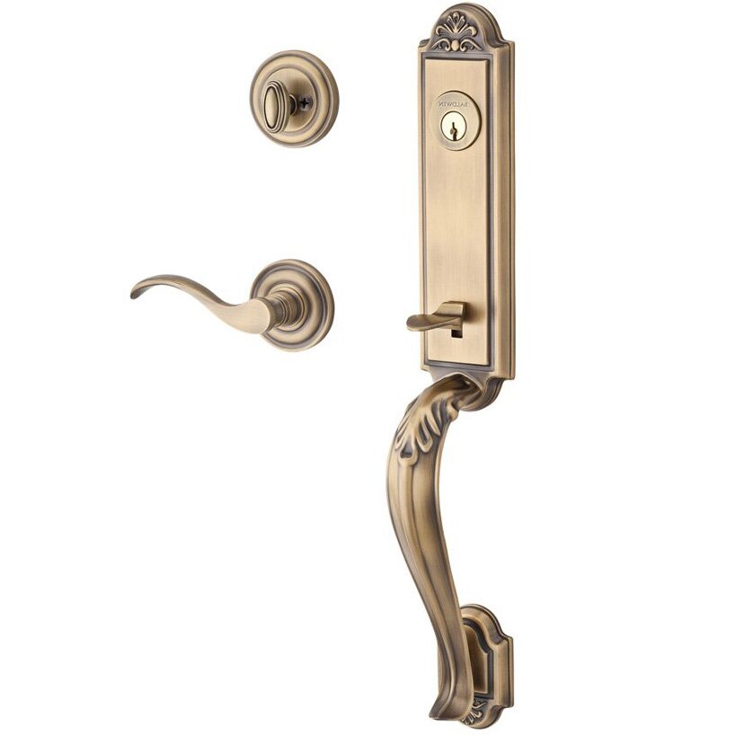 Handleset with Right Handed Curve Lever and Traditional Round Rose in Matte Brass & Black