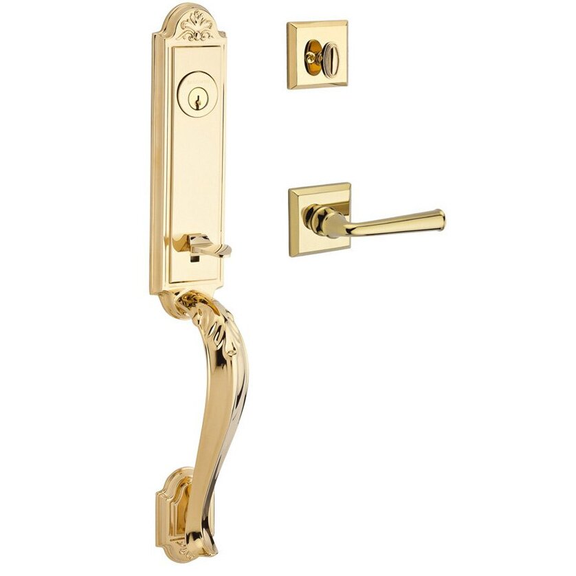 Handleset with Left Handed Federal Lever and Traditional Square Rose in Polished Brass