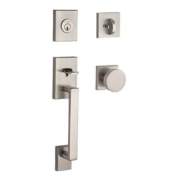 Single Cylinder La Jolla Handleset with Contemporary Door Knob with Contemporary Square Rose in Satin Nickel