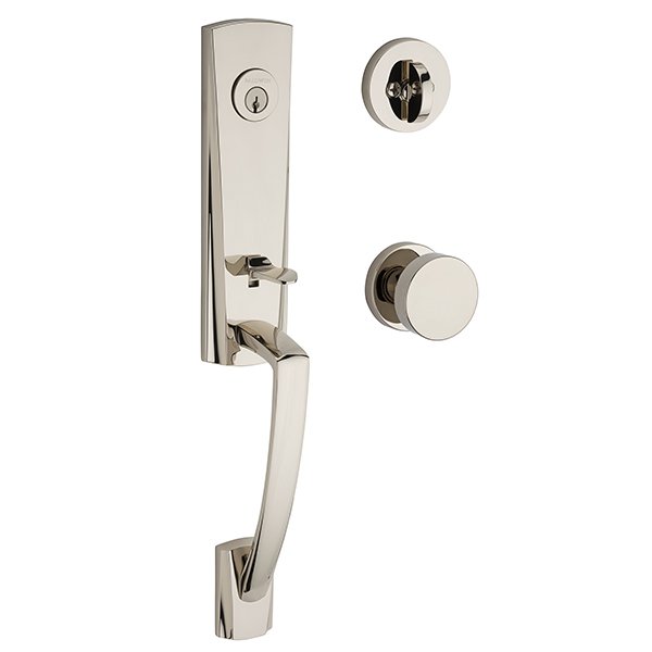 Single Cylinder Miami Handleset with Contemporary Door Knob with Contemporary Round Rose in Polished Nickel