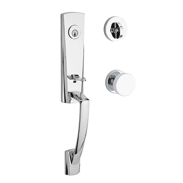 Single Cylinder Miami Handleset with Contemporary Door Knob with Contemporary Round Rose in Polished Chrome