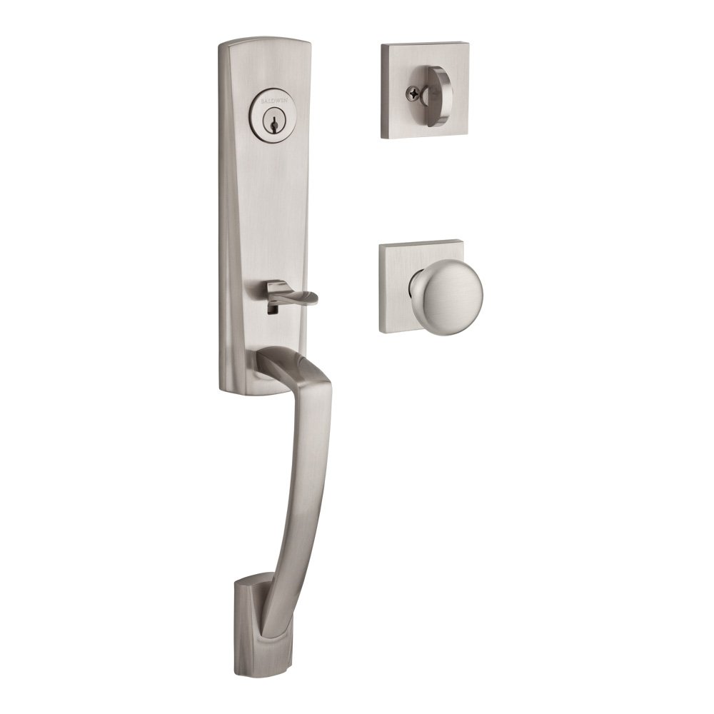 Handleset with Round Knob and Contemporary Square Rose in Satin Nickel