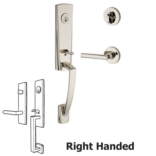 Right Handed Single Cylinder Miami Handleset with Tube Door Lever with Contemporary Round Rose in Polished Nickel