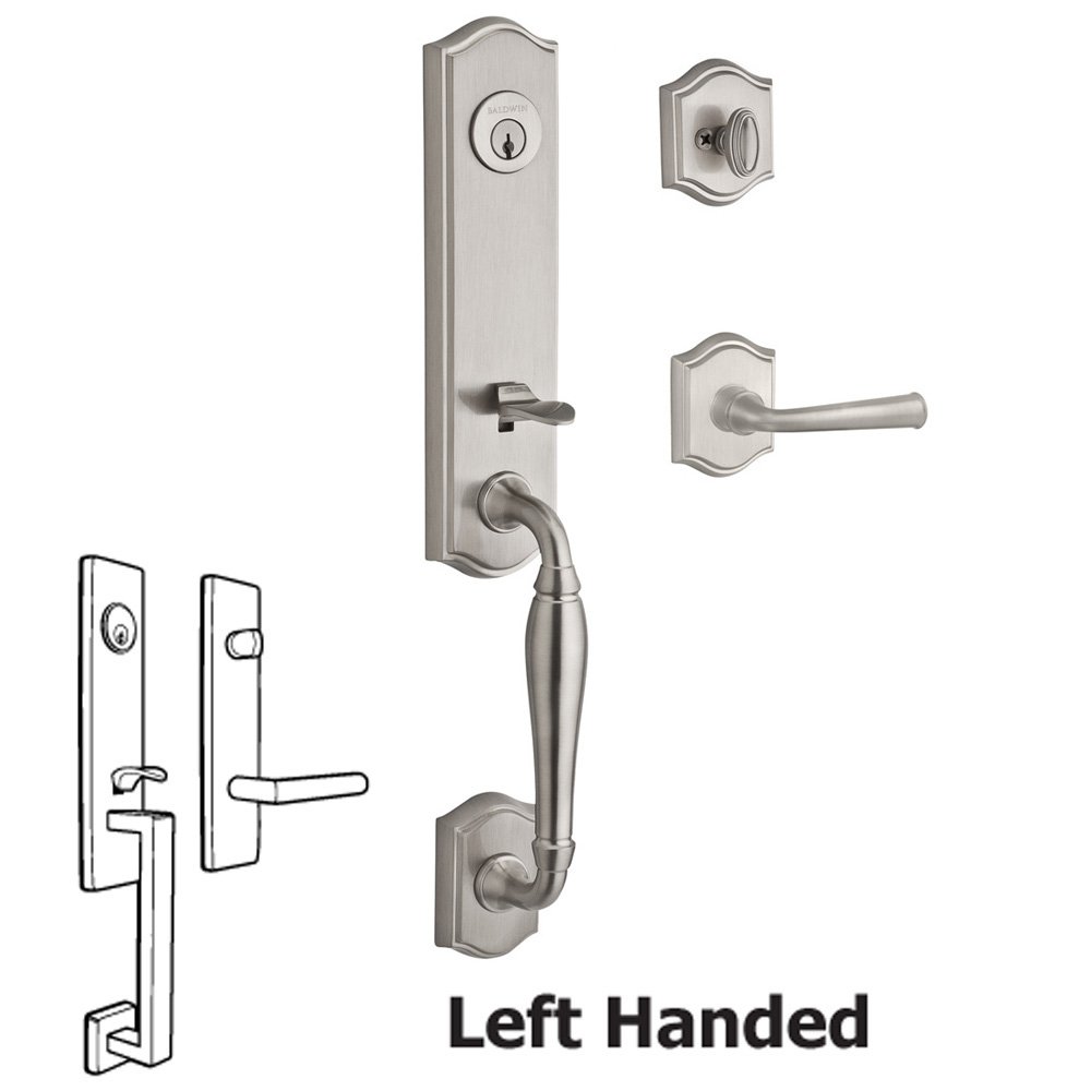 Handleset with Left Handed Federal Lever and Traditional Arch Rose in Satin Nickel