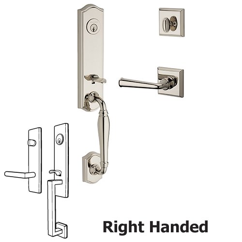 Right Handed Single Cylinder New Hampshire Handleset with Federal Door Lever with Traditional Square Rose in Polished Nickel