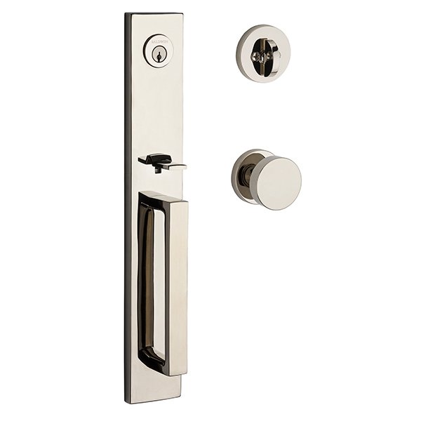 Single Cylinder Santa Cruz Handleset with Contemporary Door Knob with Contemporary Round Rose in Polished Nickel