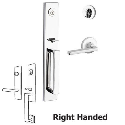 Right Handed Single Cylinder Santa Cruz Handleset with Square Door Lever with Contemporary Round Rose in Polished Chrome