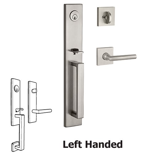 Left Handed Single Cylinder Santa Cruz Handleset with Tube Door Lever with Contemporary Square Rose in Satin Nickel