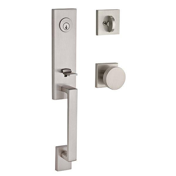 Single Cylinder Seattle Handleset with Contemporary Door Knob with Contemporary Square Rose in Satin Nickel
