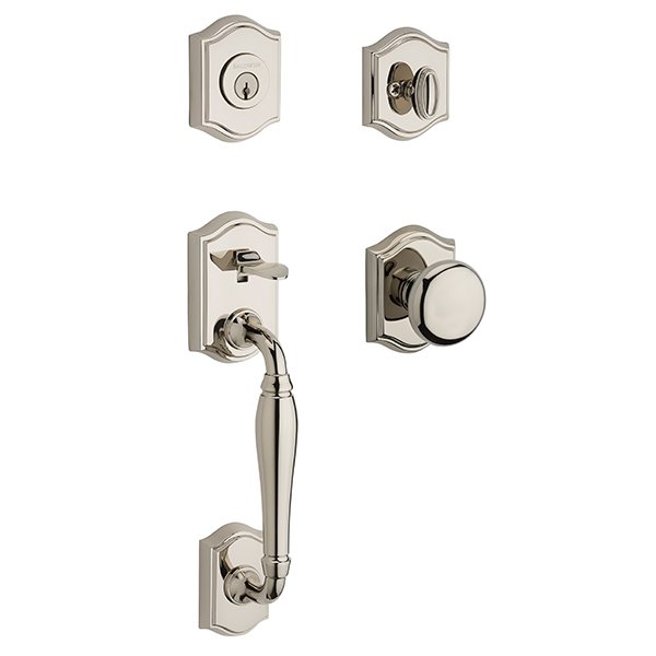 Single Cylinder Westcliff Handleset with Round Door Knob with Traditional Arch Rose in Polished Nickel