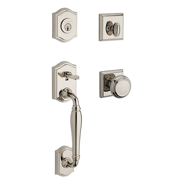 Single Cylinder Westcliff Handleset with Traditional Door Knob with Traditional Square Rose in Polished Nickel