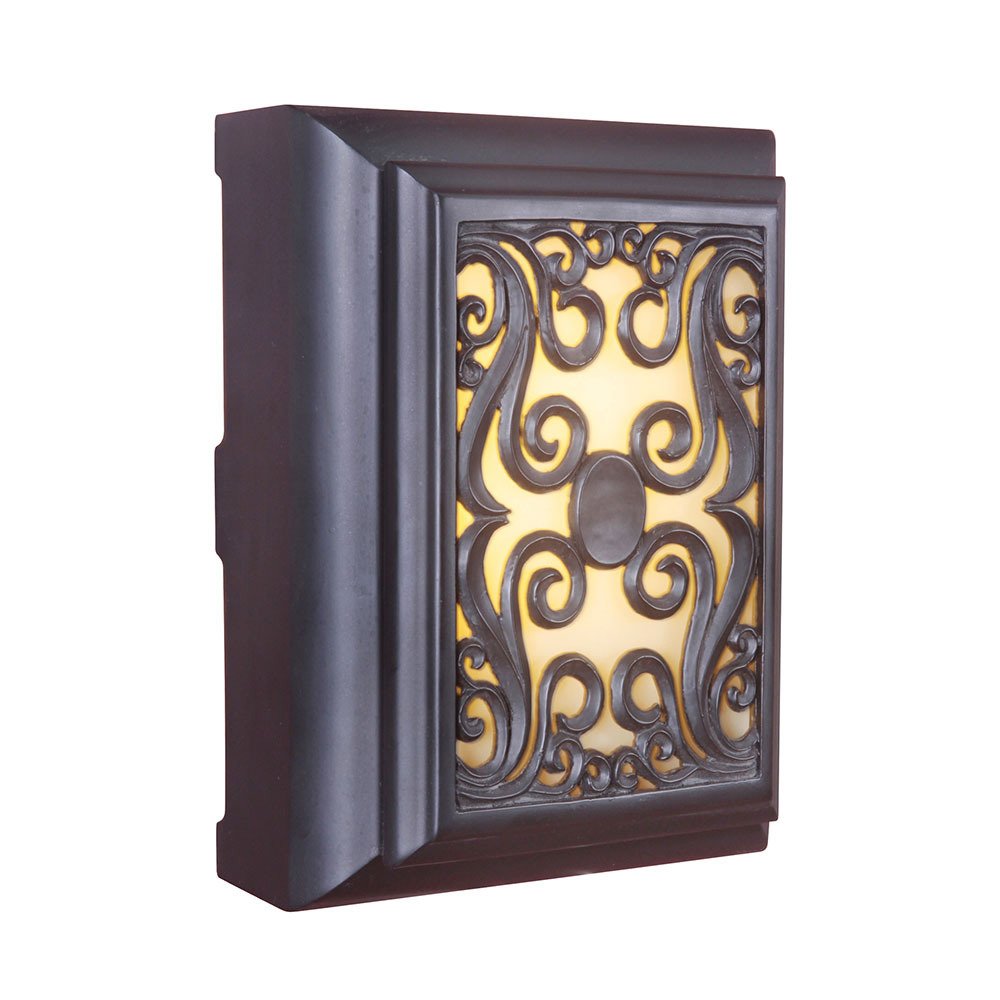 LED Hand Carved Framed Scroll w/Amber Glass Door Chime in Oiled Bronze