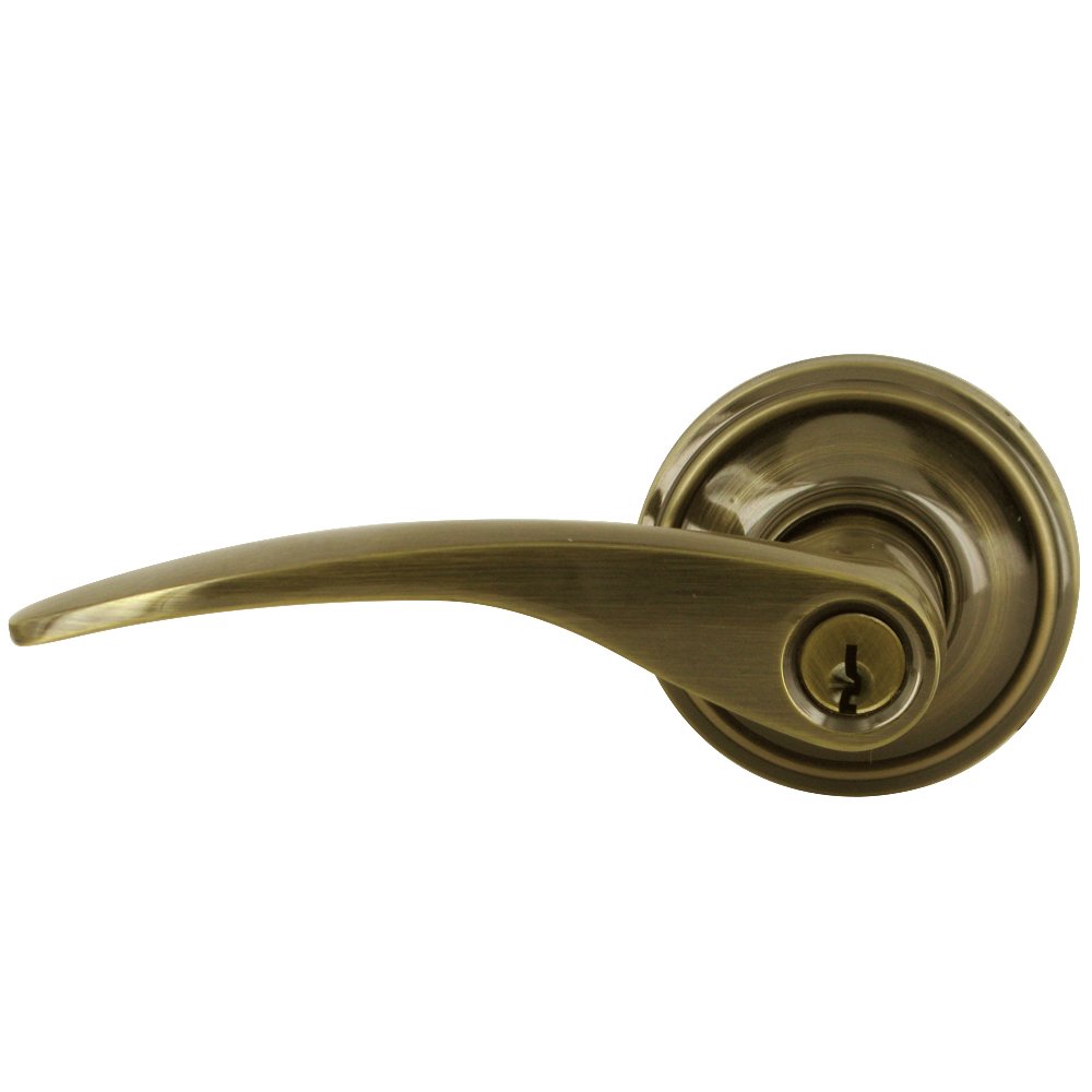 Keyed Left Handed Entry Door Lever in Antique Brass
