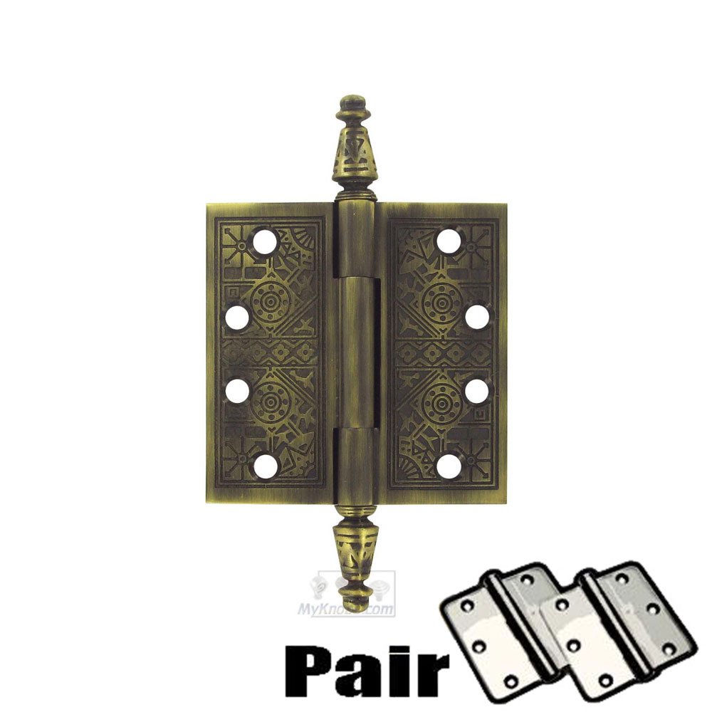 Solid Brass 4" x 4" Square Door Hinge (Sold as a Pair) in Antique Brass