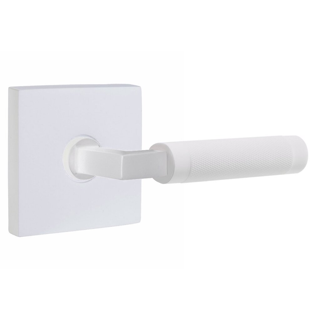 Privacy Knurled Right Handed Lever with L-Square Stem and Square Rosette With Concealed Screws in Matte White