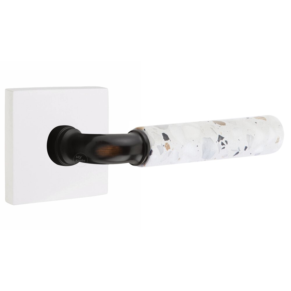Concealed Privacy Square Rosette in Matte White and R-Bar in Oil Rubbed Bronze Stem with Reversible Handed Light Terrazzo Lever