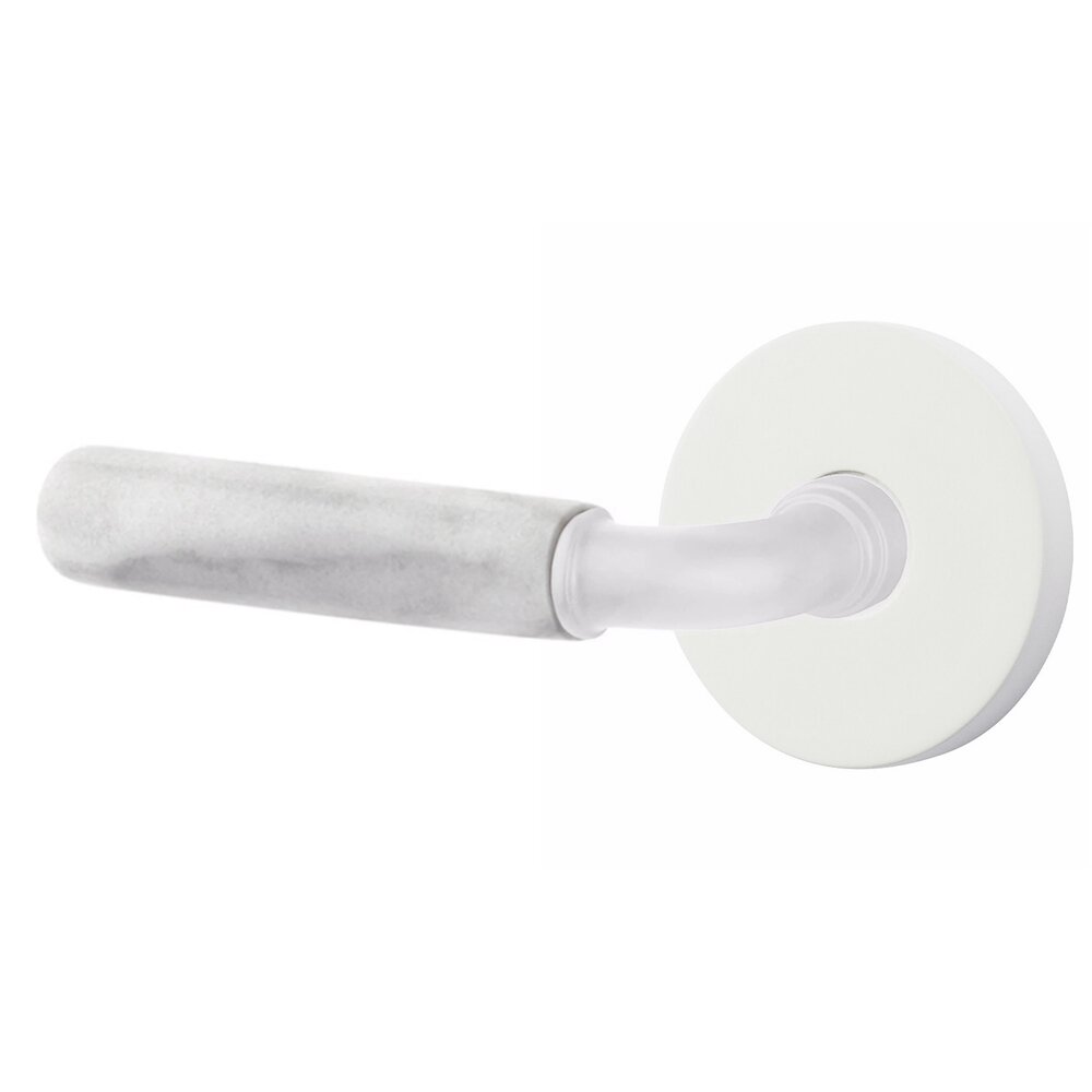 Passage White Marble Left Handed Lever with R-Bar Stem and Disk Rose in Matte White