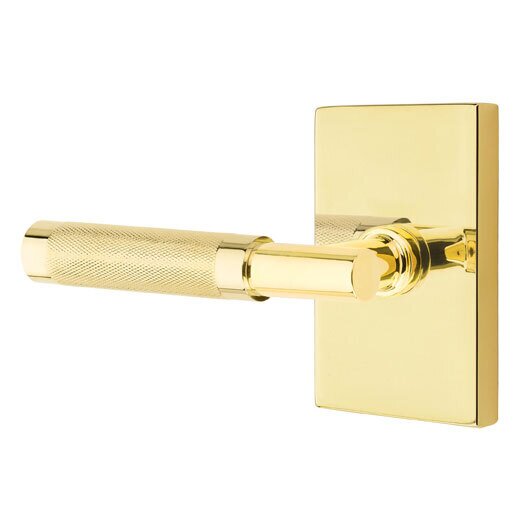 Passage Knurled Left Handed Lever with T-Bar Stem and Modern Rectangular Rose in Unlacquered Brass