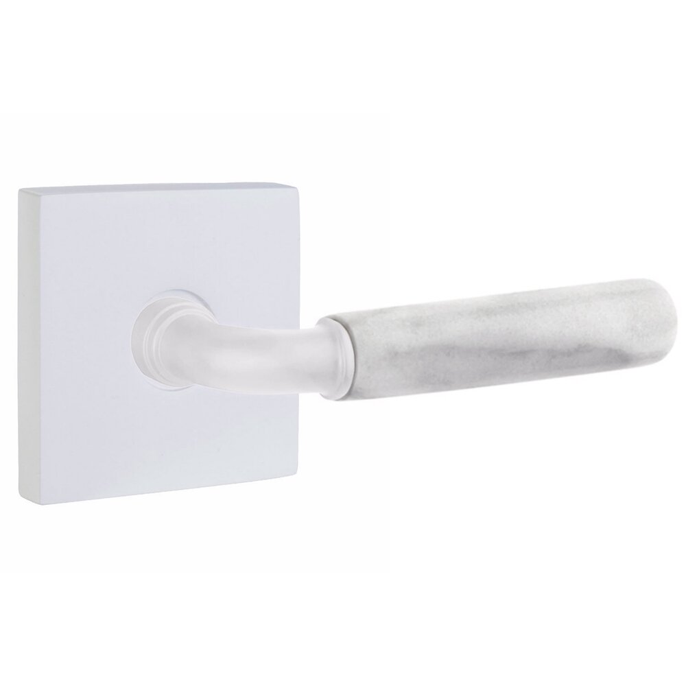 Privacy White Marble Right Handed Lever with R-Bar Stem and Square Rose in Matte White