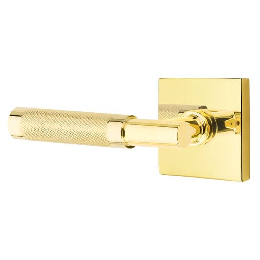 Privacy Knurled Left Handed Lever with T-Bar Stem and Square Rose in Unlacquered Brass
