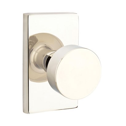 Privacy Round Door Knob With Modern Rectangular Rose in Polished Nickel