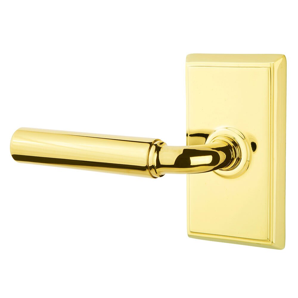 Passage Left Handed Manning Door Lever With Rectangular Rose in Unlacquered Brass