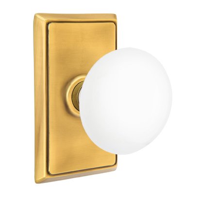 Privacy Ice White Knob And Rectangular Rosette With Concealed Screws in French Antique Brass