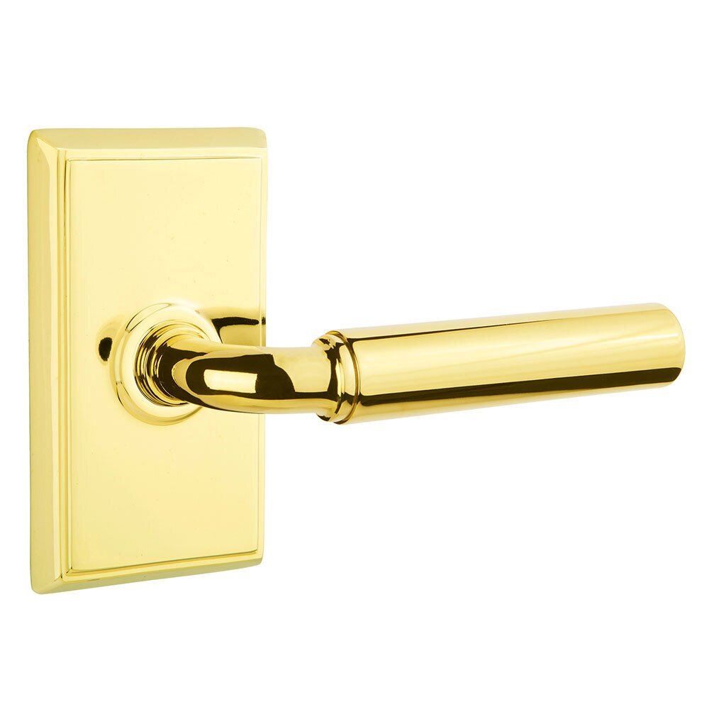 Privacy Right Handed Manning Door Lever With Rectangular Rose in Unlacquered Brass