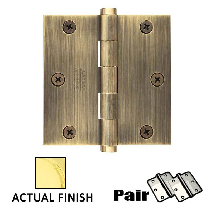 3-1/2" X 3-1/2" Square Steel Residential Duty Hinge in Polished Brass (Sold In Pairs)