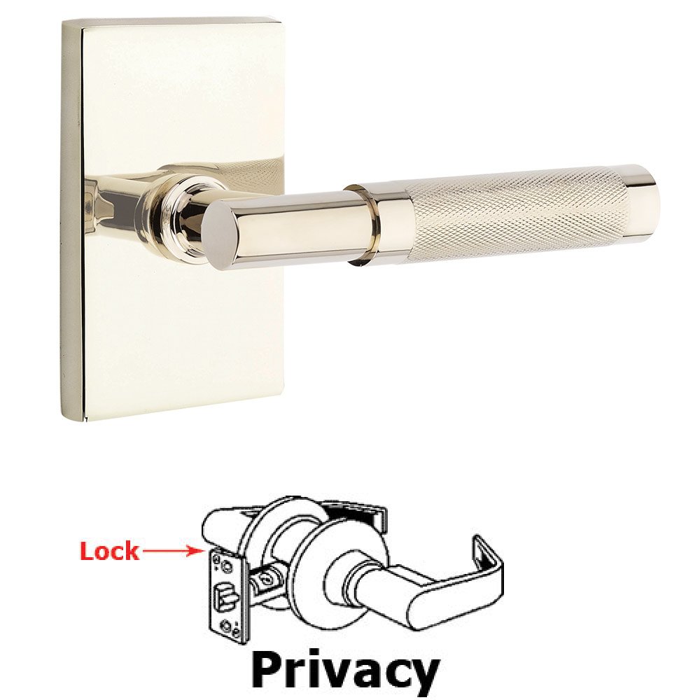 Privacy Knurled Lever with T-Bar Stem and Concealed Screws Modern Rectangular Rose in Polished Nickel
