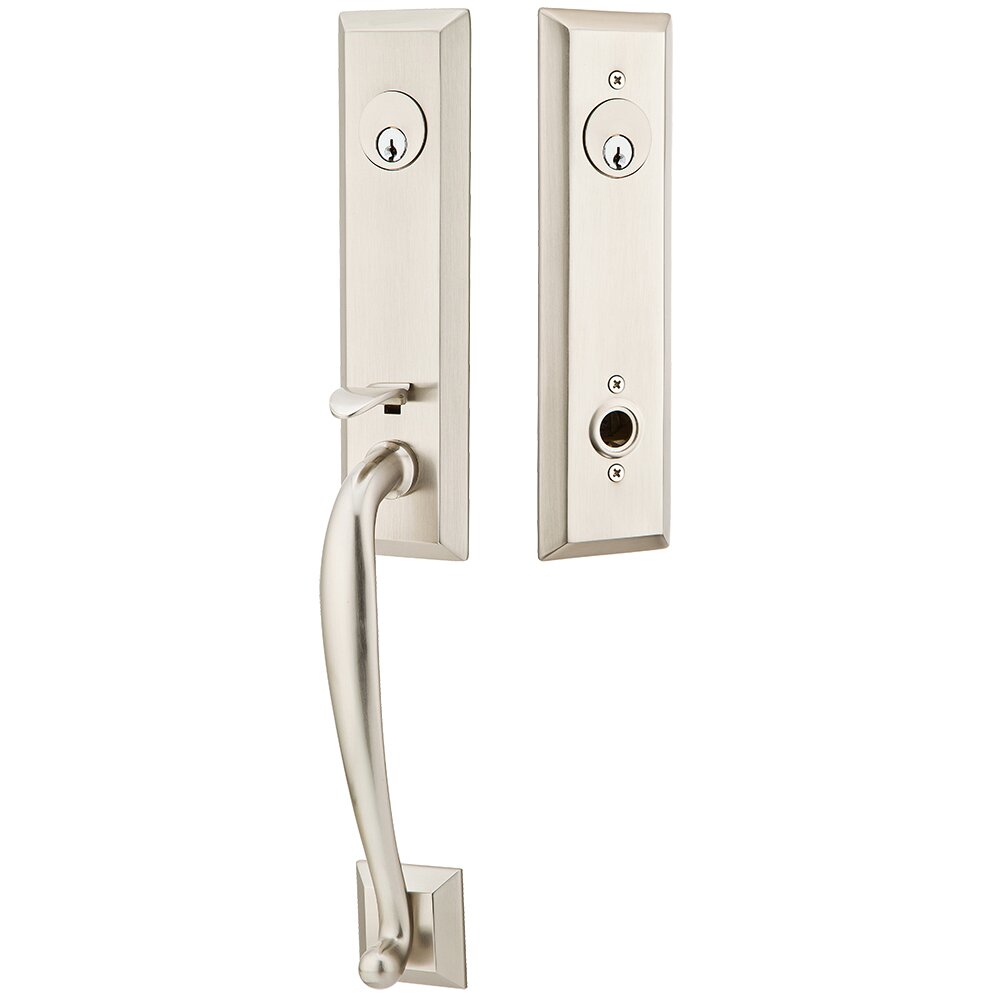 Double Cylinder Adams Handleset with Freestone Square Knob in Satin Nickel