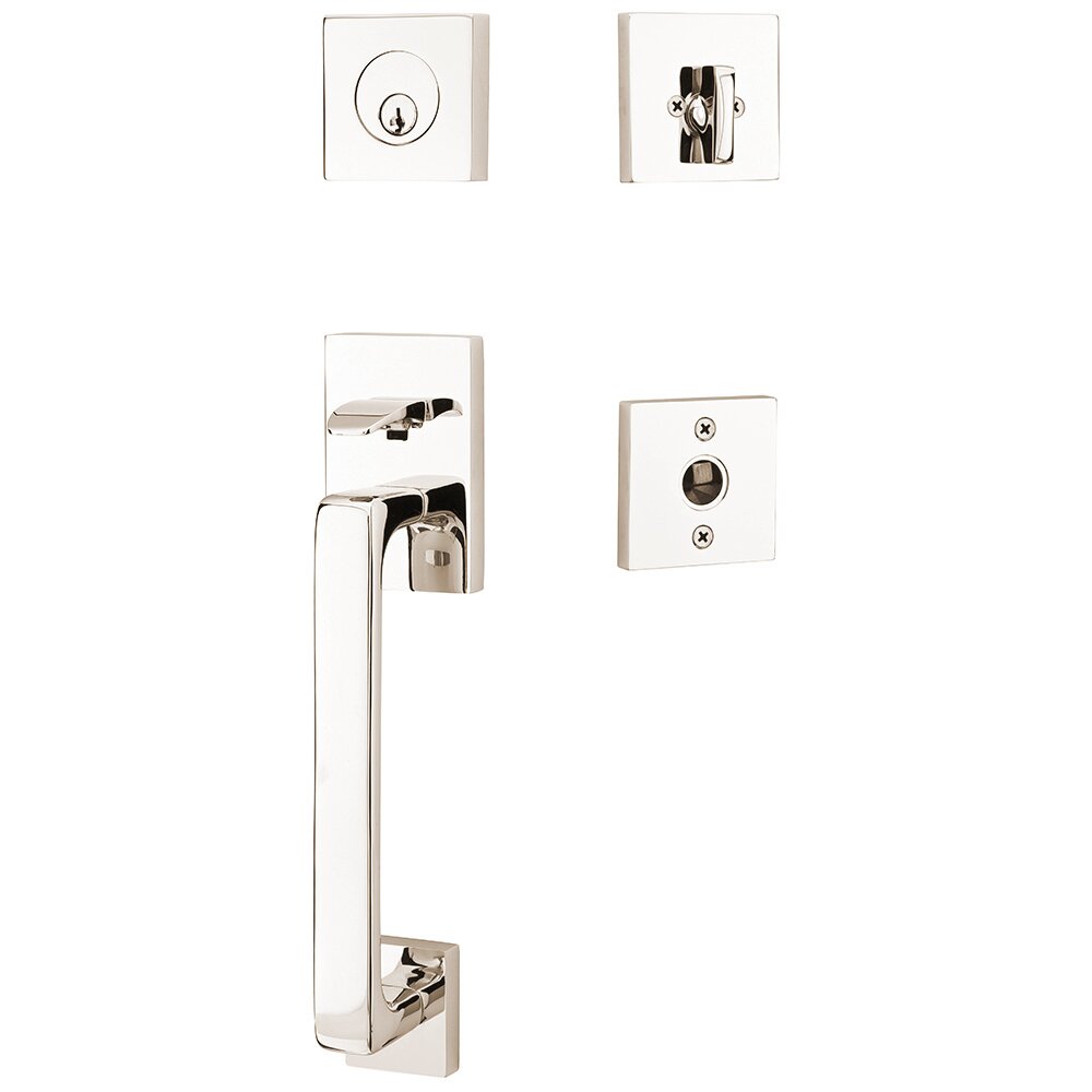Single Cylinder Baden Handleset with Freestone Square Knob in Polished Nickel