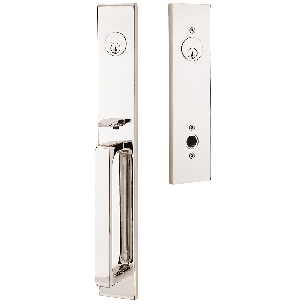 Double Cylinder Lausanne Handleset with Basel Left Handed Lever in Polished Nickel