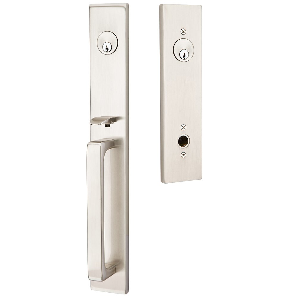 Double Cylinder Lausanne Handleset with Modern Square Crystal Knob in Satin Nickel