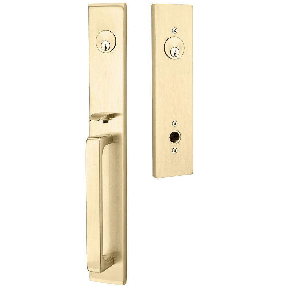 Double Cylinder Lausanne Handleset with Geneva Right Handed Lever in Satin Brass