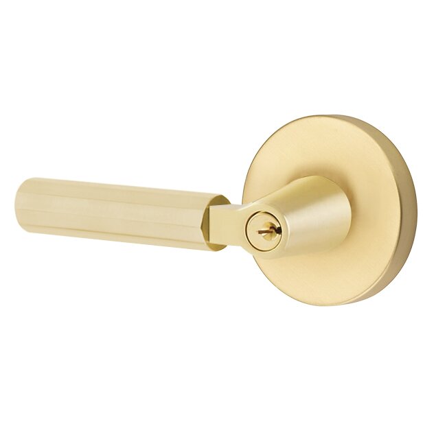 Key In L-Square Faceted Left Handed Lever with Disk Rosette in Satin Brass