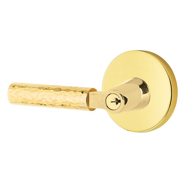 Key In L-Square Hammered Left Handed Lever with Disk Rosette in Unlacquered Brass