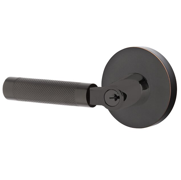 Key In L-Square Knurled Left Handed Lever with Disk Rosette in Oil Rubbed Bronze